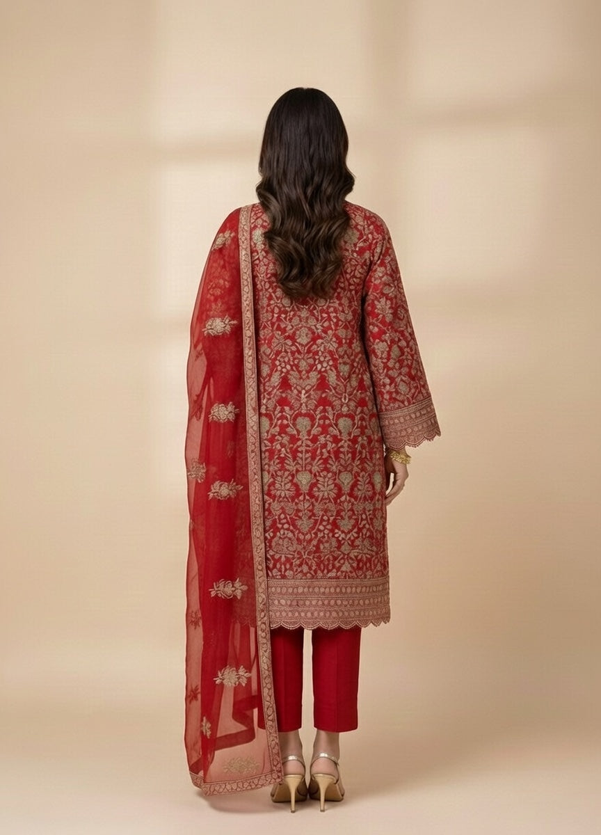 Best Recommended Title: Breeze Lawn China Pure Allover Embroidered 3PC Suit | Vibrant Red with White & Gold Floral Embroidery | Scattered Floral China Dupatta