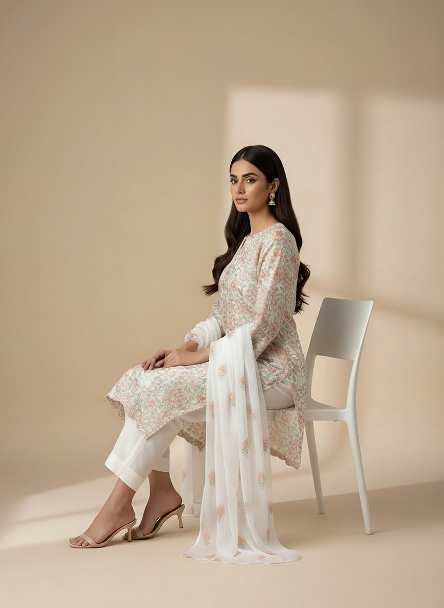 Breeze Lawn China Pure Allover Embroidered 3PC Suit | White with Pink Peach Green Floral Embroidery | Scattered Rose China Dupatta