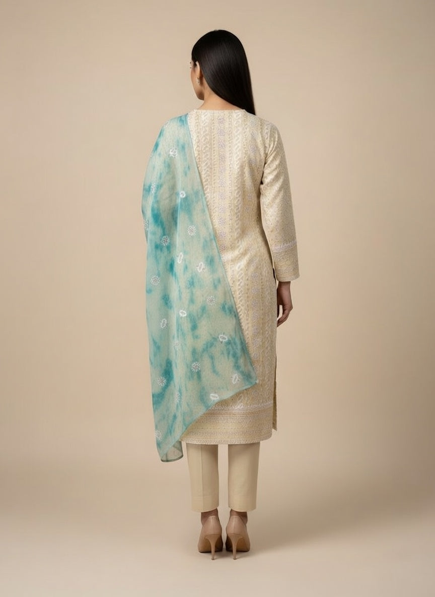 Breeze Lawn China Pure Allover Embroidered 3PC Suit | Cream Yellow with White Chickenkari Floral Stripe Embroidery | Turquoise China Dupatta