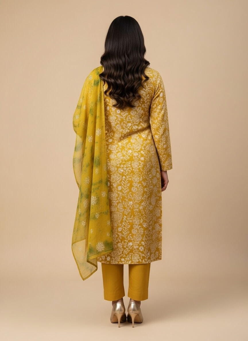 Breeze Lawn Dia China Pure Allover Embroidered 3PC Suit | Bright Mustard Yellow with White Floral Embroidery | Green Yellow China Dupatta