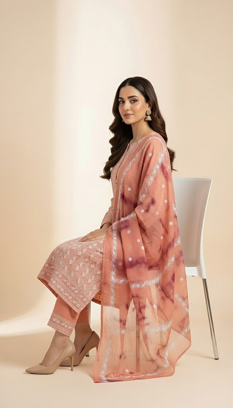 Breeze Lawn China Dai Pure Dupatta Allover Embroidered 3PC Suit | Peach Pink with White Paisley Embroidery & Tie-Dye Dupatta | 2.5M Each