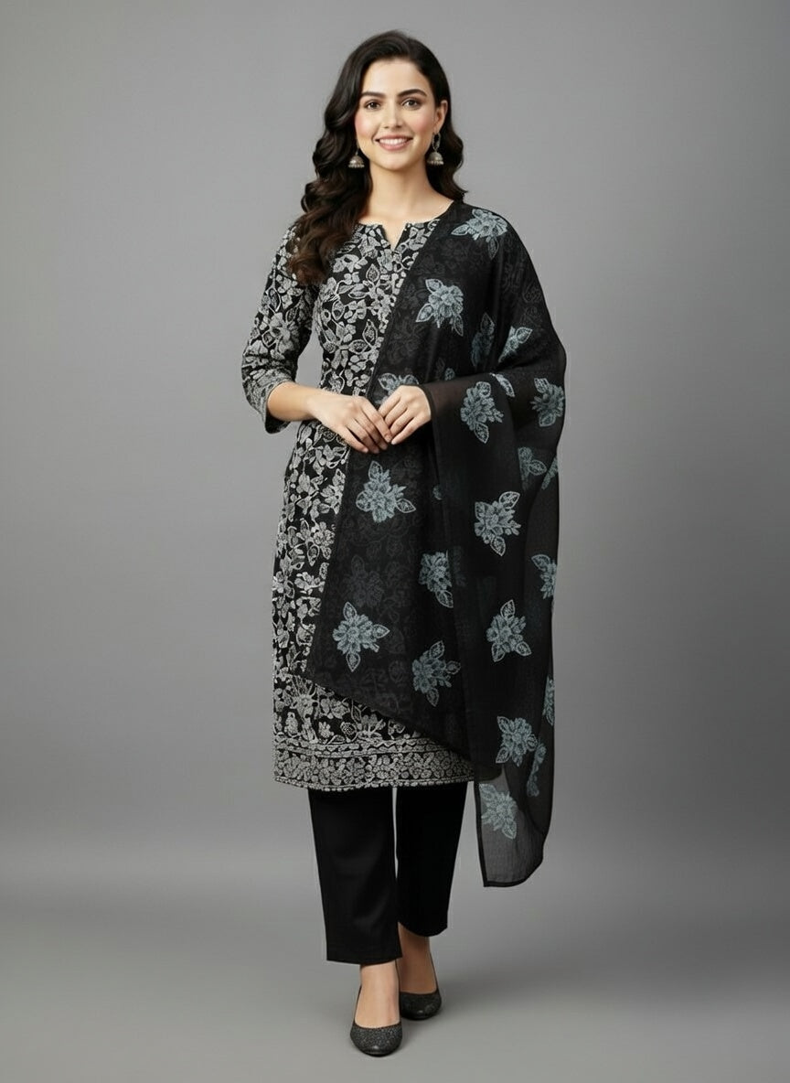 Breeze Lawn China Dai Pure Allover Embroidered 3PC Suit | Black with White Floral Embroidery | Scattered White Flowers China Dupatta