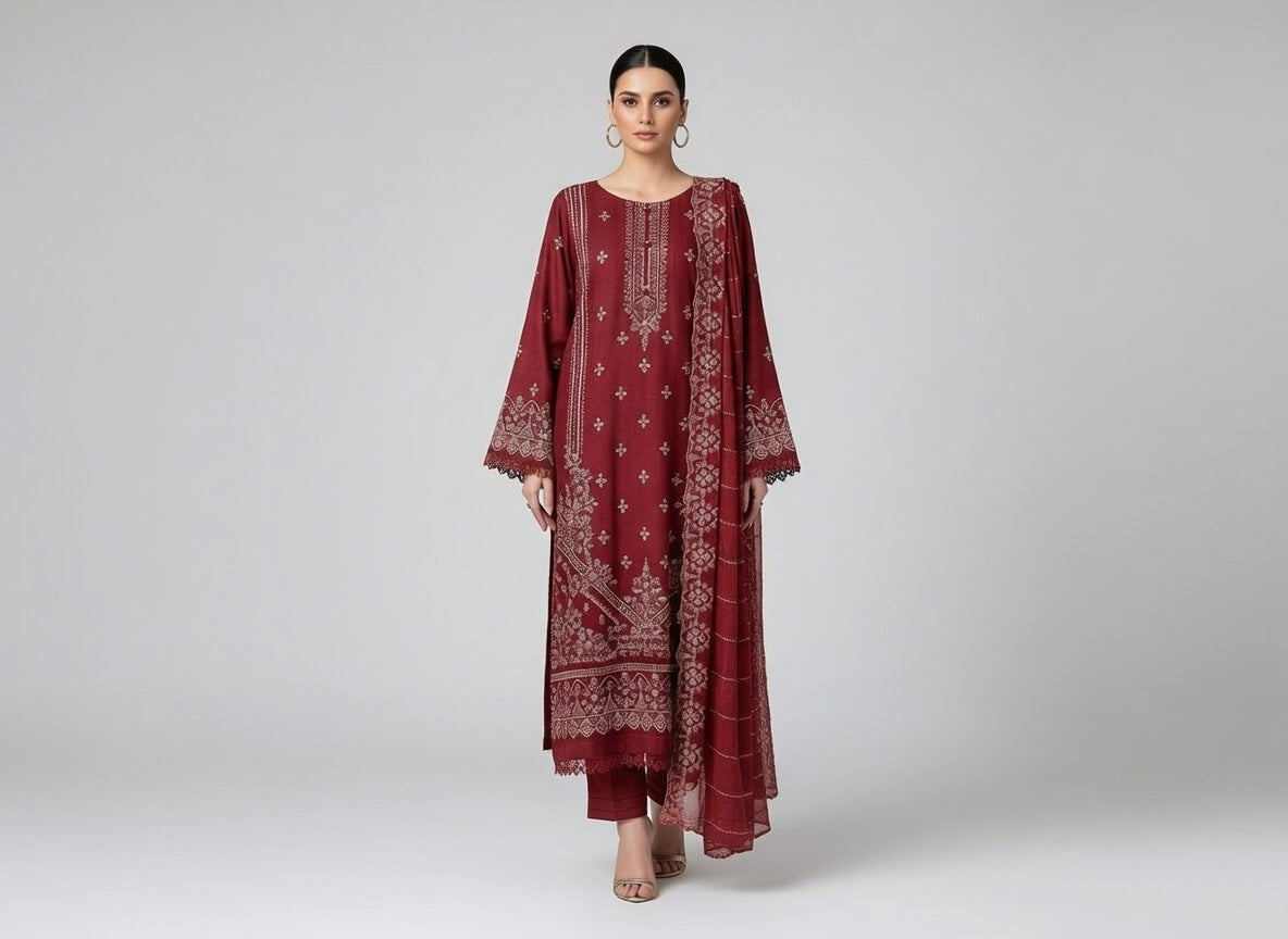 Manizay Premium Embroidered Karandi Suit | Maroon Red with Heavy Embroidered Chiffon Dupatta | اندازِ اندازہ