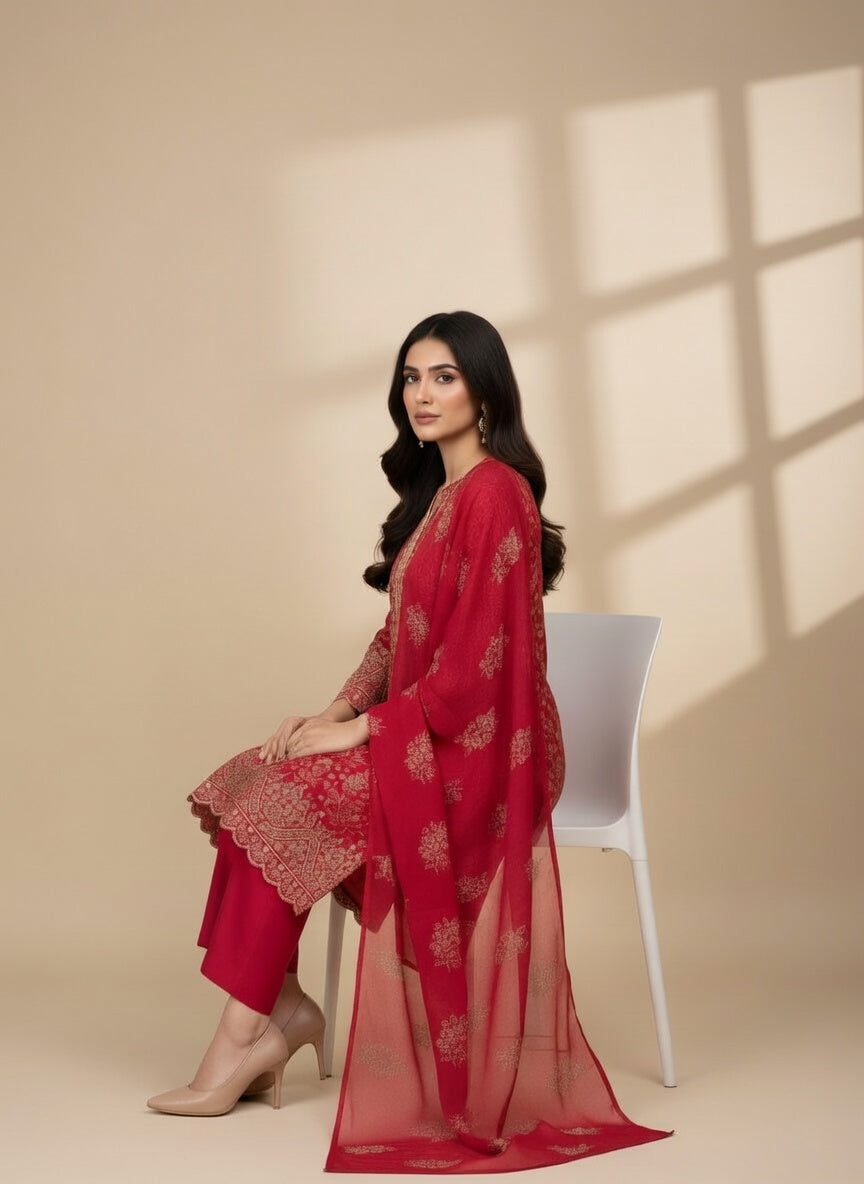 Breeze Lawn China Pure Allover Embroidered 3PC Suit | Hot Pink with White Floral Embroidery | Scattered Large Floral China Dupatta