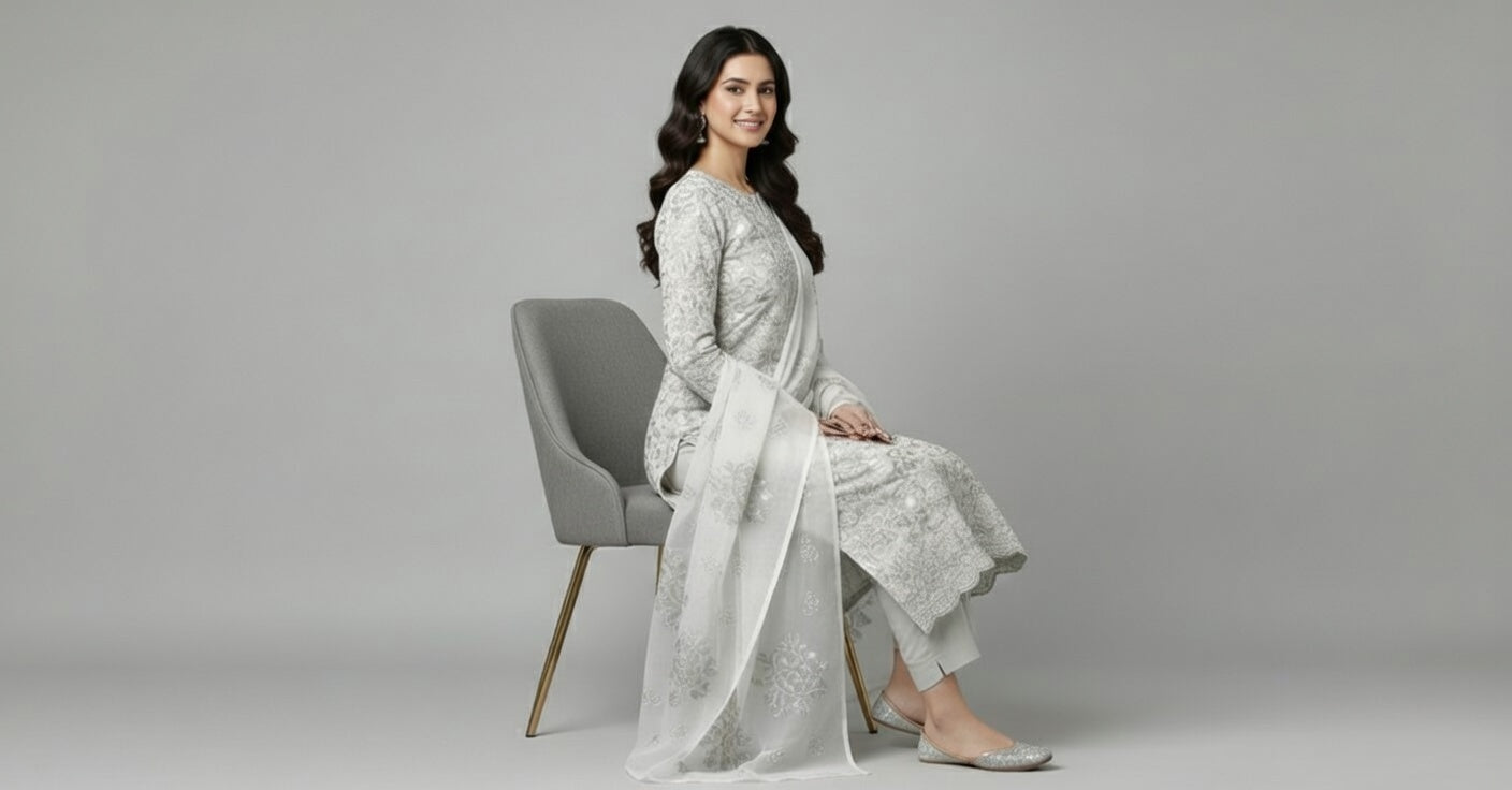 Breeze Lawn China Pure Allover Embroidered 3PC Suit | Off-White Ivory with Silver Grey Floral Paisley Embroidery | China Dupatta