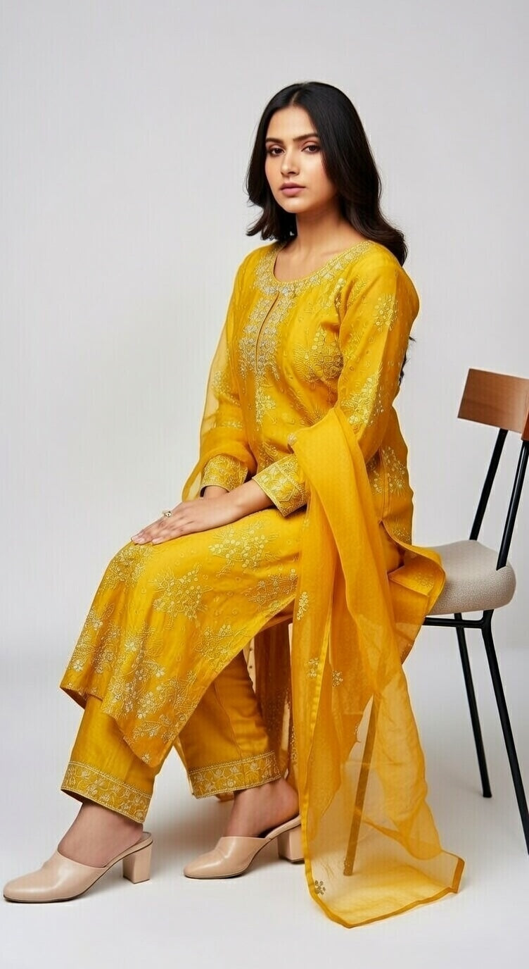 Breeze Lawn China Pure Dupatta Allover Pearl Embroidered 3PC Suit | Mustard Yellow  | Scattered Pearl China Dupatta