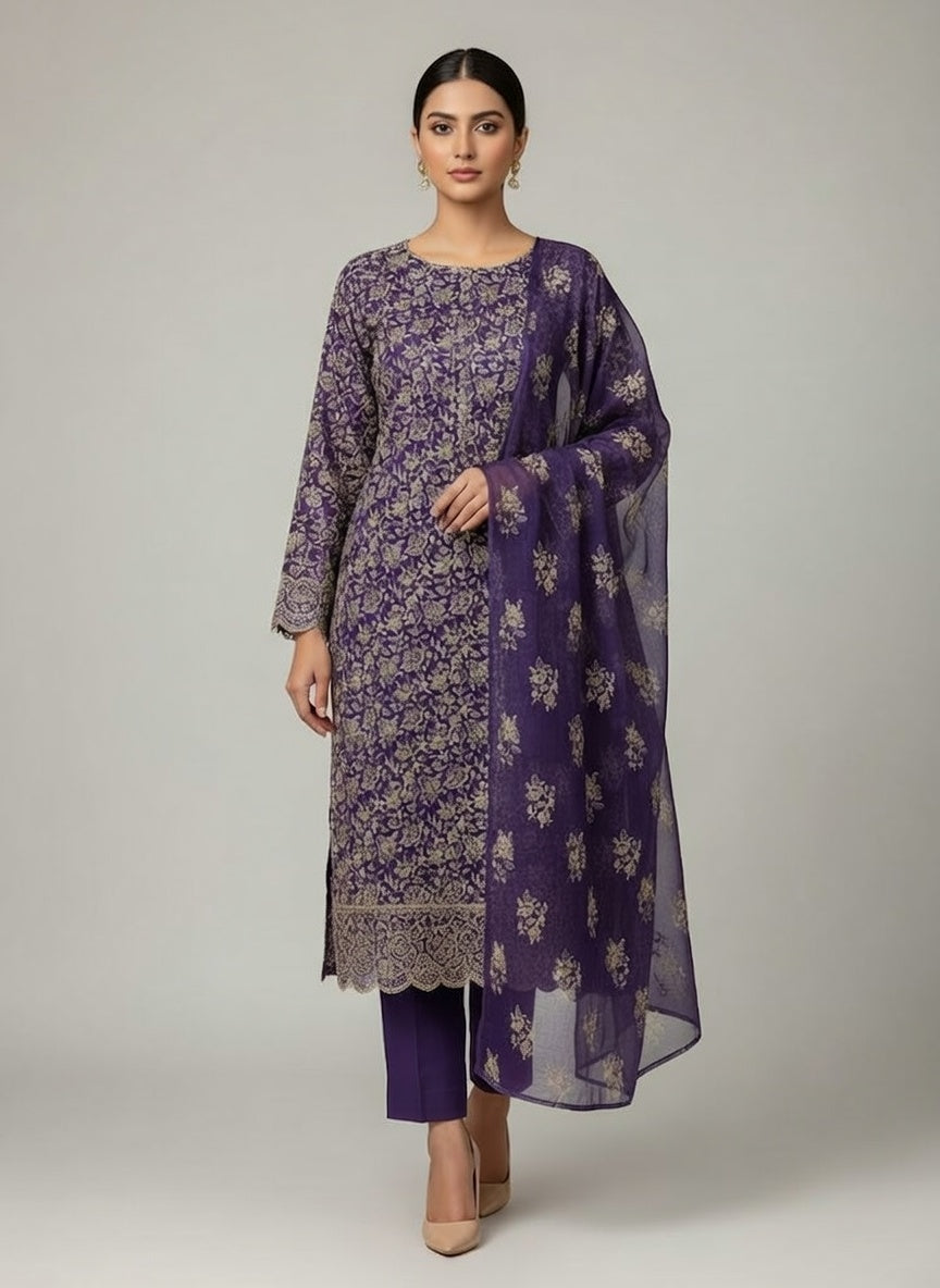 Bareeze Lawn China Pure Allover Embroidered 3PC Suit | Deep Purple with Beige White Floral Embroidery | China Dupatta