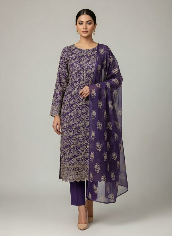 Bareeze Lawn China Pure Allover Embroidered 3PC Suit | Deep Purple with Beige White Floral Embroidery | China Dupatta