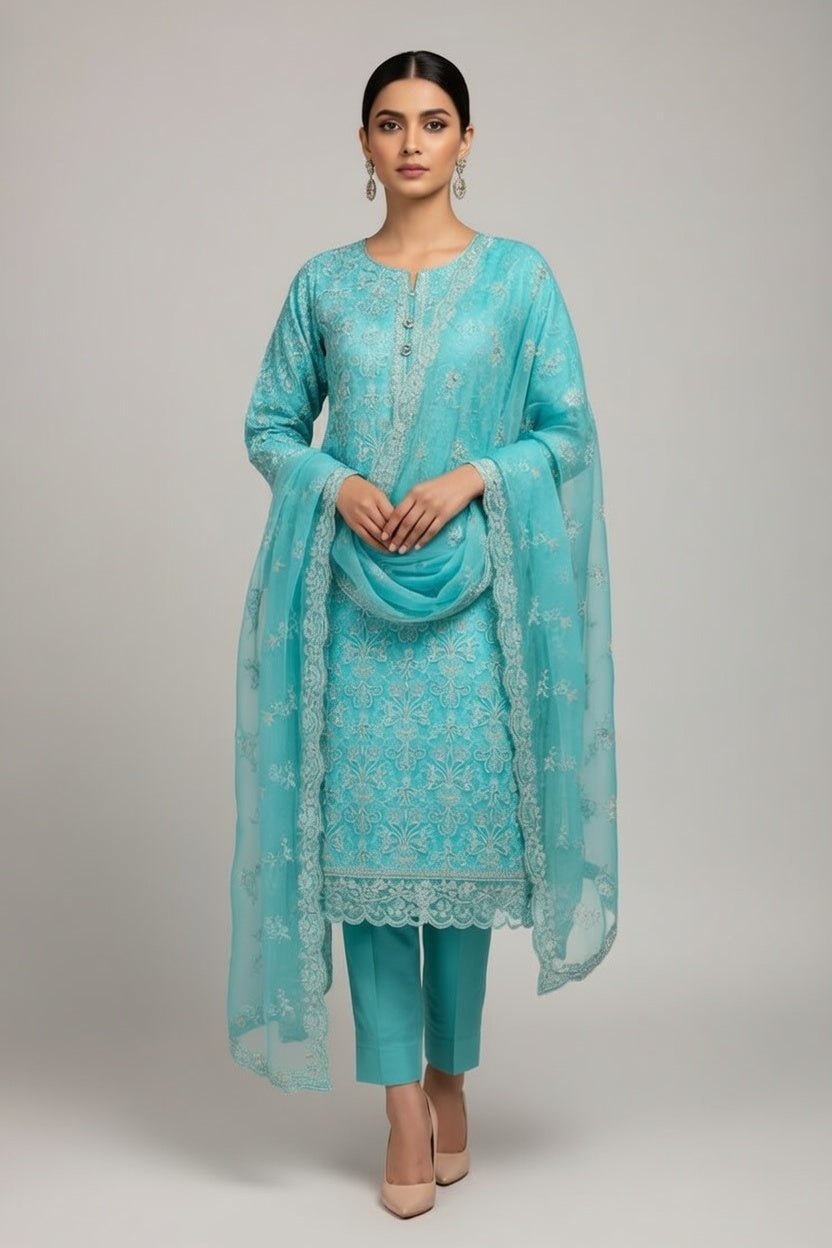 Bareeze Lawn China Pure Allover Embroidered 3PC Suit | Light Turquoise Aqua with White Silver Floral Paisley Embroidery | China Dupatta