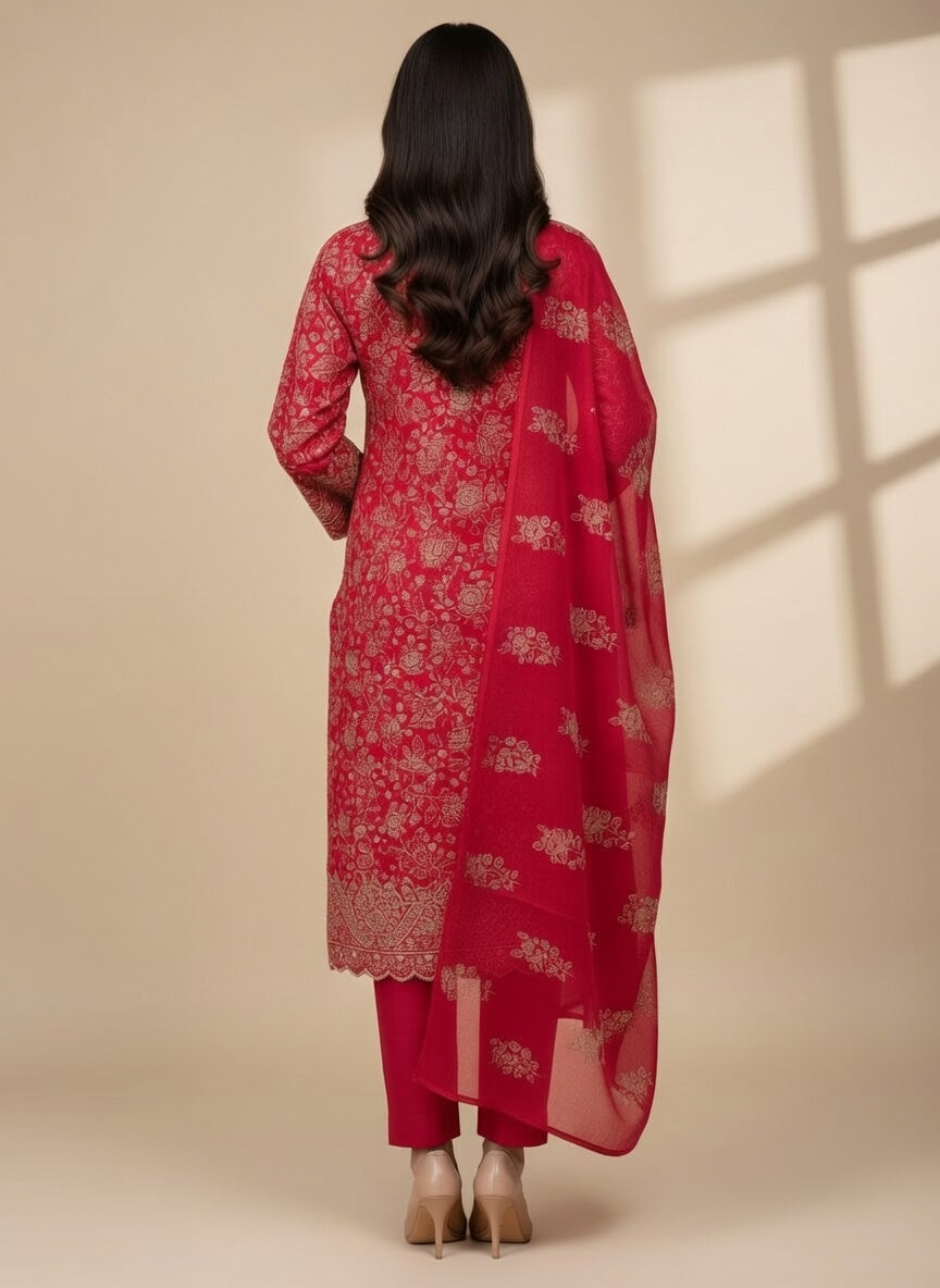 Breeze Lawn China Pure Allover Embroidered 3PC Suit | Hot Pink with White Floral Embroidery | Scattered Large Floral China Dupatta