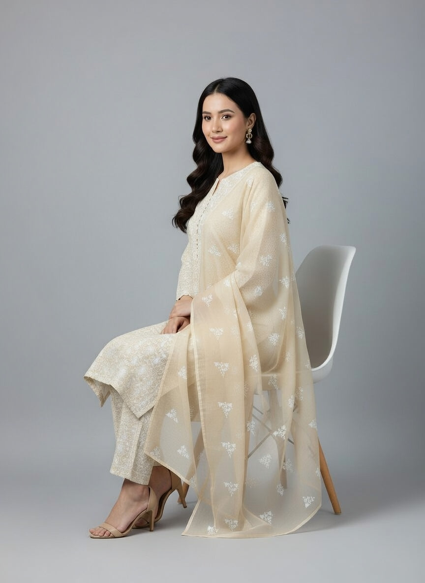 Breeze Lawn China Pure Dupatta Allover Embroidered 3PC Suit | Beige with White Butterfly & Floral Sunburst Embroidery | Scattered Motif China Dupatta
