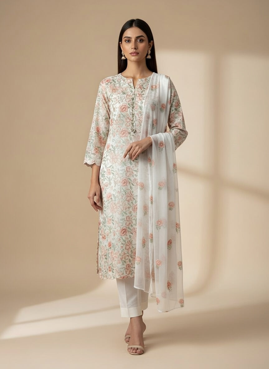 Breeze Lawn China Pure Allover Embroidered 3PC Suit | White with Pink Peach Green Floral Embroidery | Scattered Rose China Dupatta