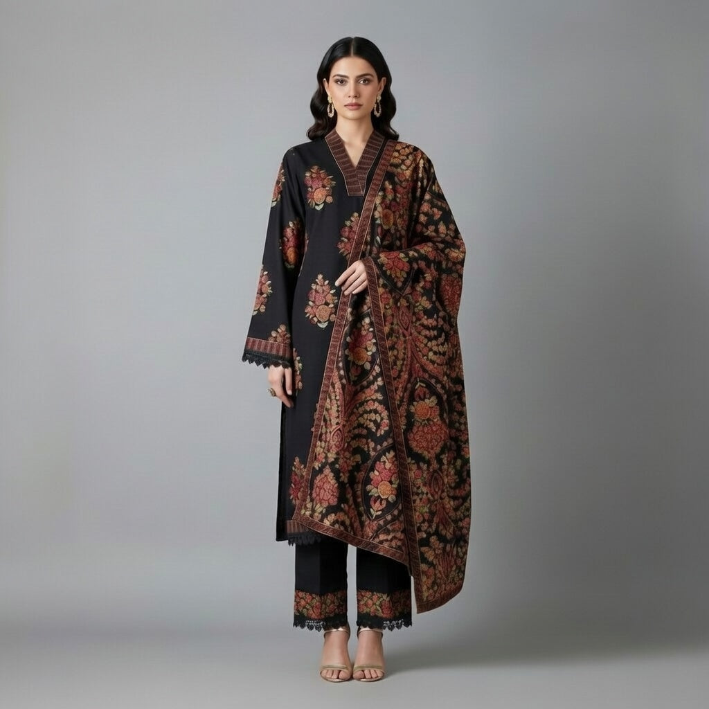 Premium Embroidered Karandi Suit | Black Multicolour Floral 3PC Unstitched | Full Embroidered Shawl