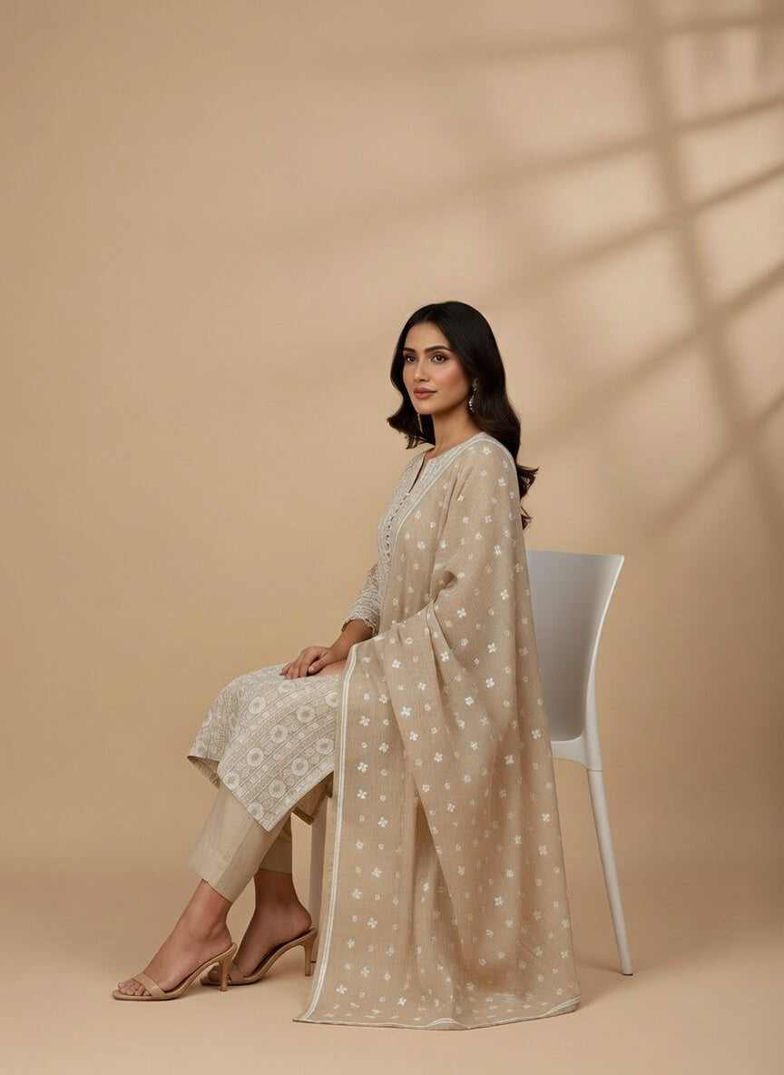 Breeze Lawn China Pure Allover Embroidered 3PC Suit | Camel Beige with White Chickenkari Floral Stripe Embroidery | Scattered Floral Lace Border China Dupatta