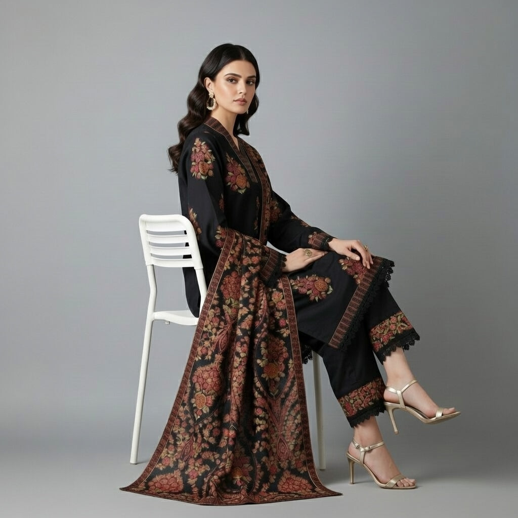 Premium Embroidered Karandi Suit | Black Multicolour Floral 3PC Unstitched | Full Embroidered Shawl