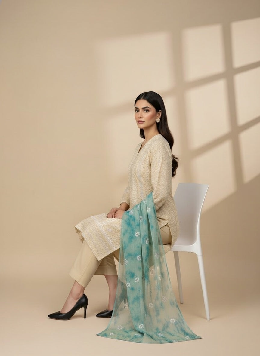 Breeze Lawn China Pure Allover Embroidered 3PC Suit | Cream Yellow with White Chickenkari Floral Stripe Embroidery | Turquoise China Dupatta