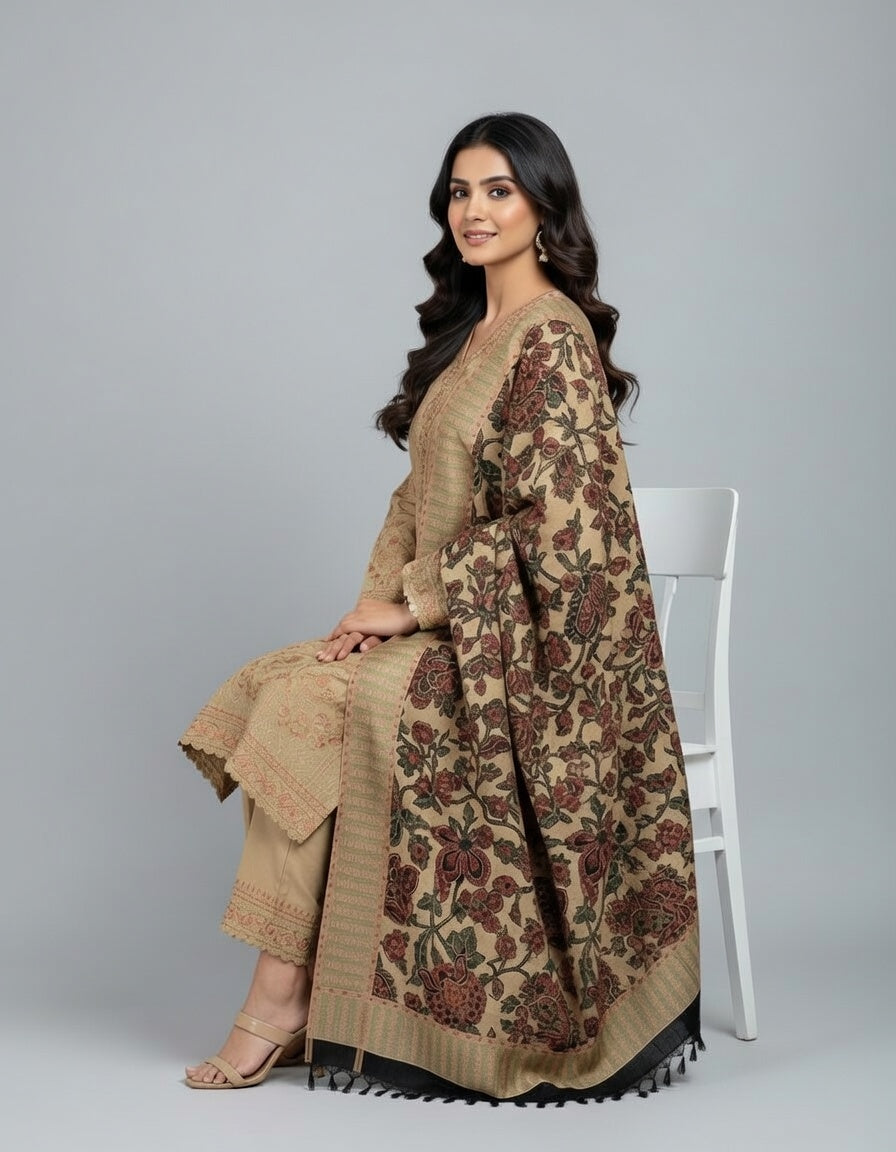 Premium Embroidered Karandi Suit | Beige Multicolour Floral Cutwork 3PC Unstitched