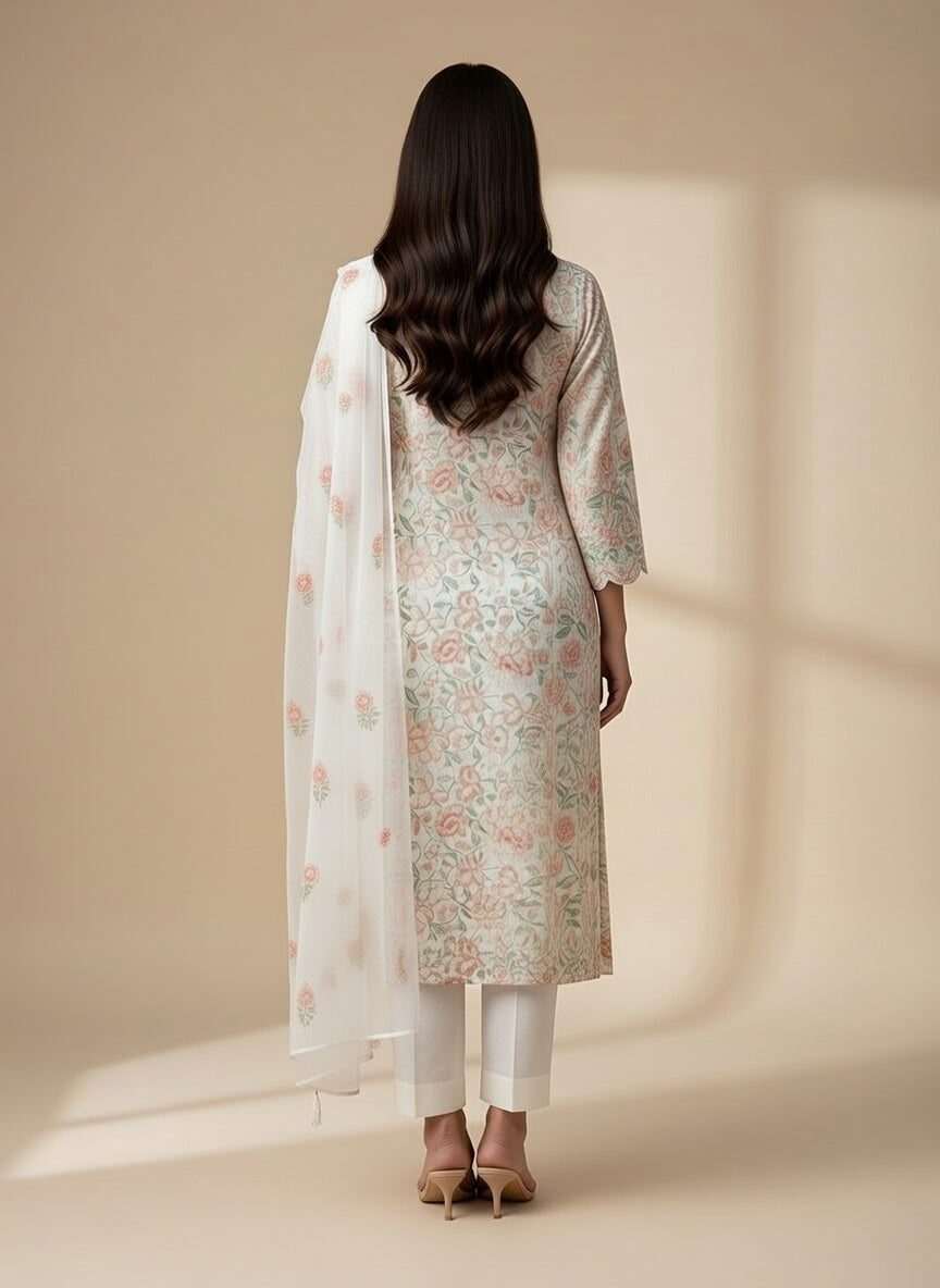 Breeze Lawn China Pure Allover Embroidered 3PC Suit | White with Pink Peach Green Floral Embroidery | Scattered Rose China Dupatta