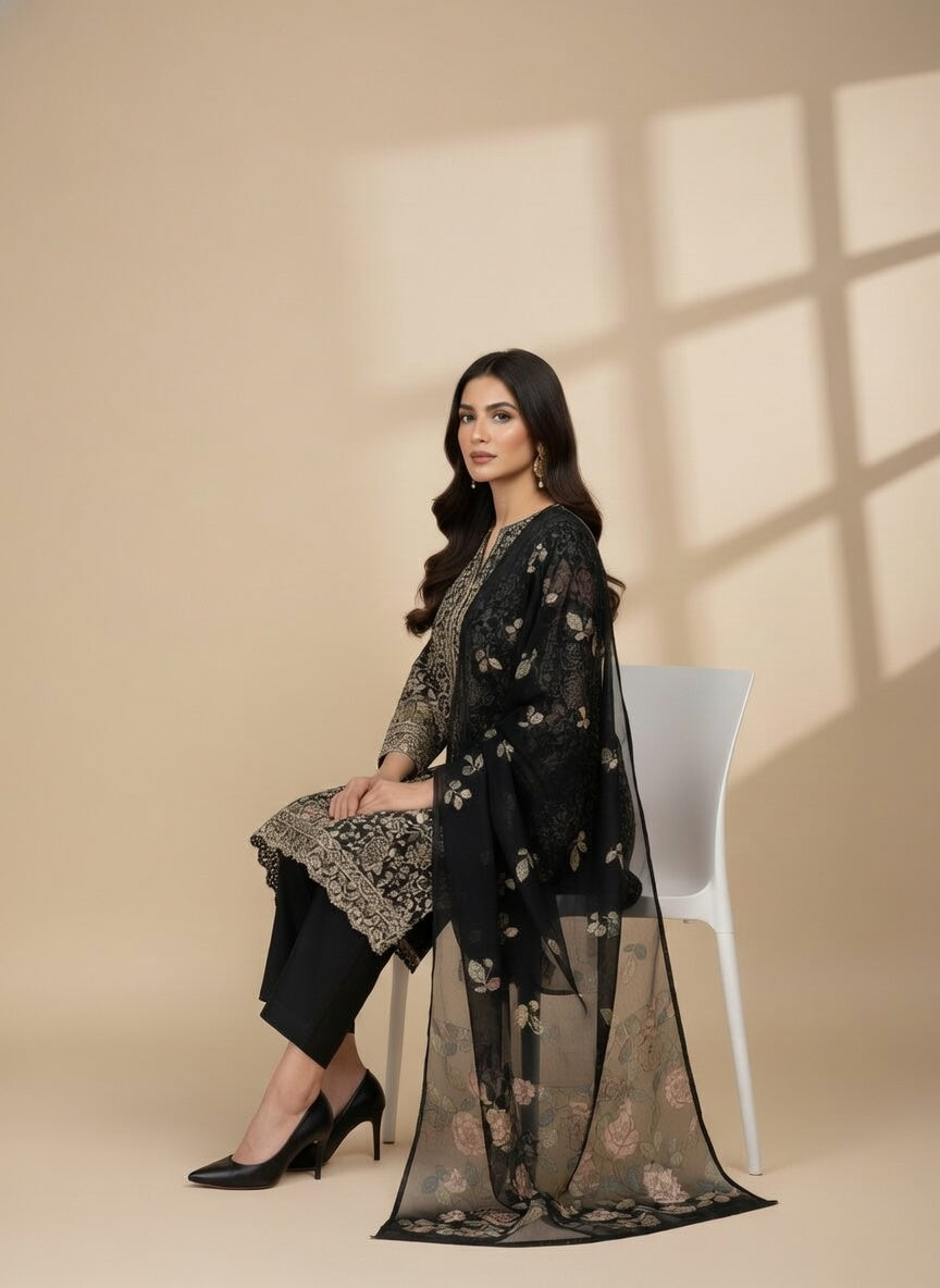 Breeze Lawn China Pure Allover Embroidered 3PC Suit | Deep Navy Blue with Beige White Floral Embroidery | Scattered Large Floral China Dupatta