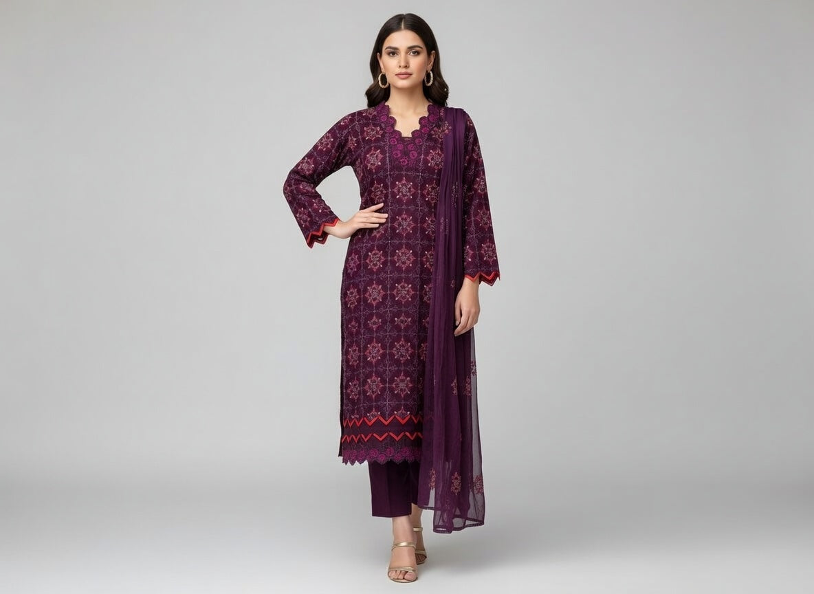 Manizay Premium Embroidered Karandi Suit | Gul Baag Purple with Embroidered Crinkle Dupatta | گل باغ