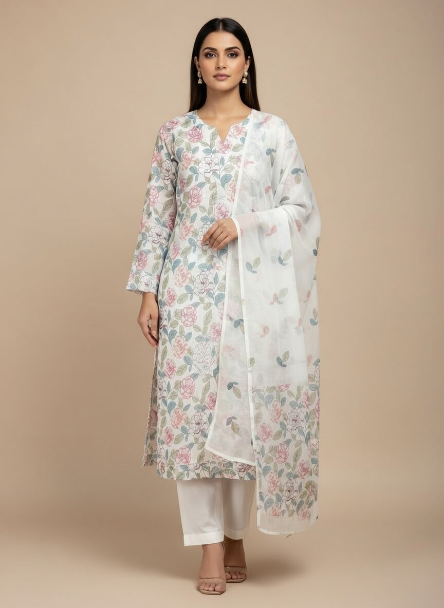 Breeze Lawn China Pure Allover Embroidered 3PC Suit | Pure White with Pink Purple Green Peony Floral Embroidery | Scattered Pastel Leaf & Flower China Dupatta