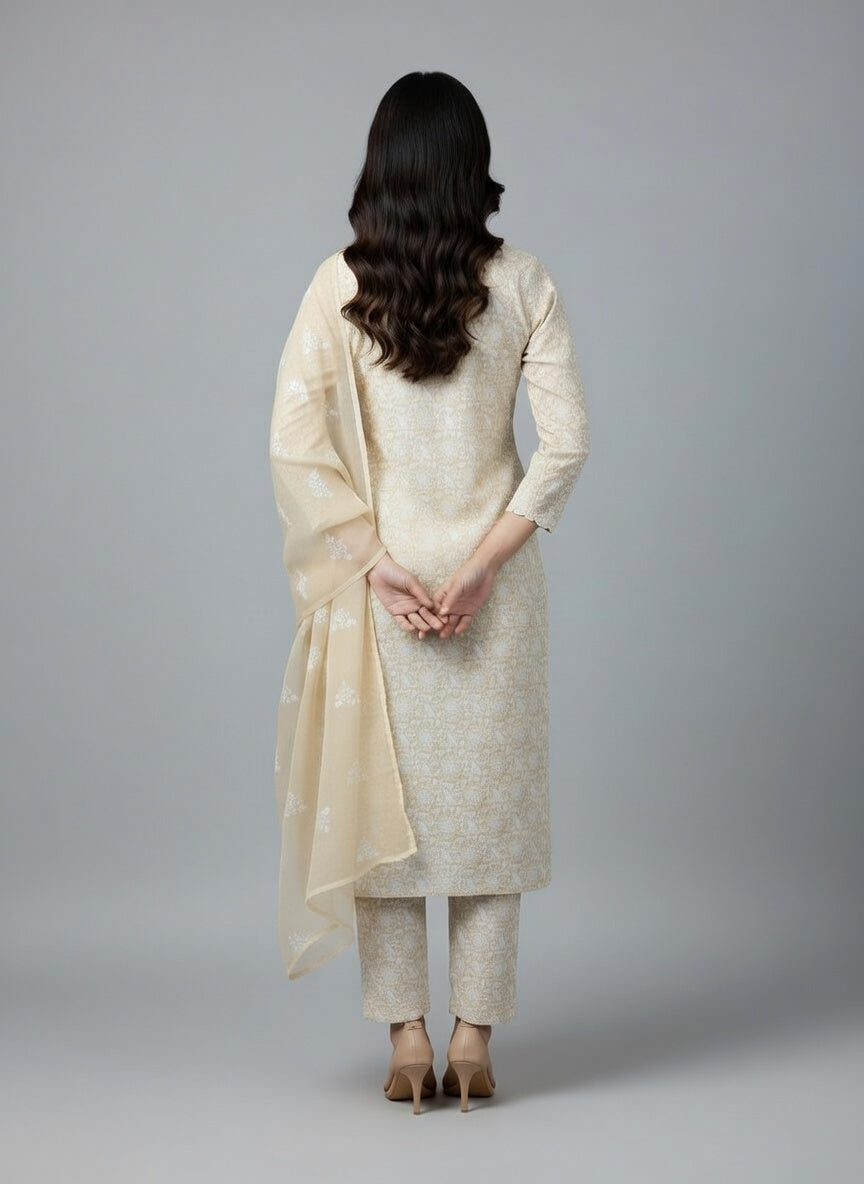 Breeze Lawn China Pure Dupatta Allover Embroidered 3PC Suit | Beige with White Butterfly & Floral Sunburst Embroidery | Scattered Motif China Dupatta