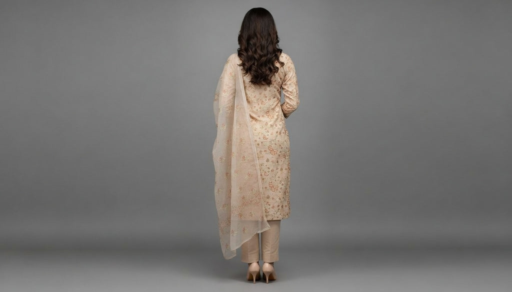 Breeze China Pure Lawn Suit | Light Taupe Beige Allover Multi-Tone Flower Embroidery | Premium Scattered Butterfly Floral China Dupatta 3-Piece Unstitched