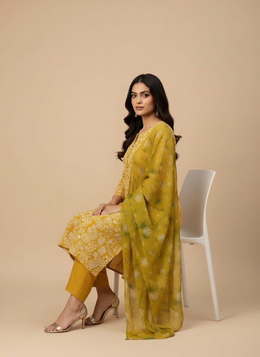 Breeze Lawn Dia China Pure Allover Embroidered 3PC Suit | Bright Mustard Yellow with White Floral Embroidery | Green Yellow China Dupatta