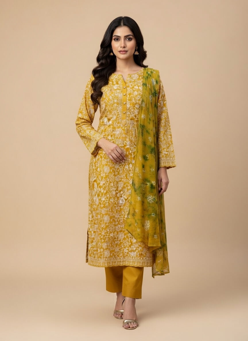Breeze Lawn Dia China Pure Allover Embroidered 3PC Suit | Bright Mustard Yellow with White Floral Embroidery | Green Yellow China Dupatta