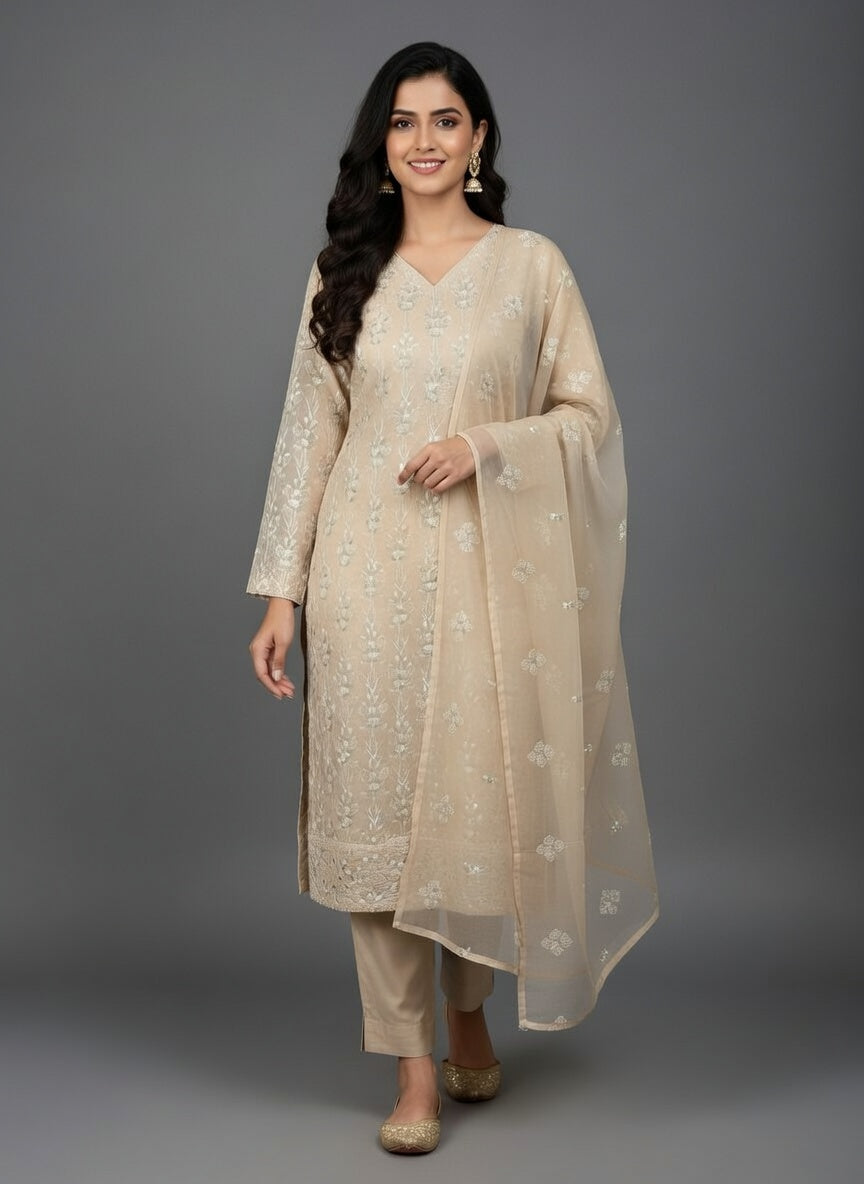 Breeze Lawn China Pure Dupatta Allover Embroidered 3PC Suit | Beige with Mint Green Floral Fan Embroidery | China Dupatta