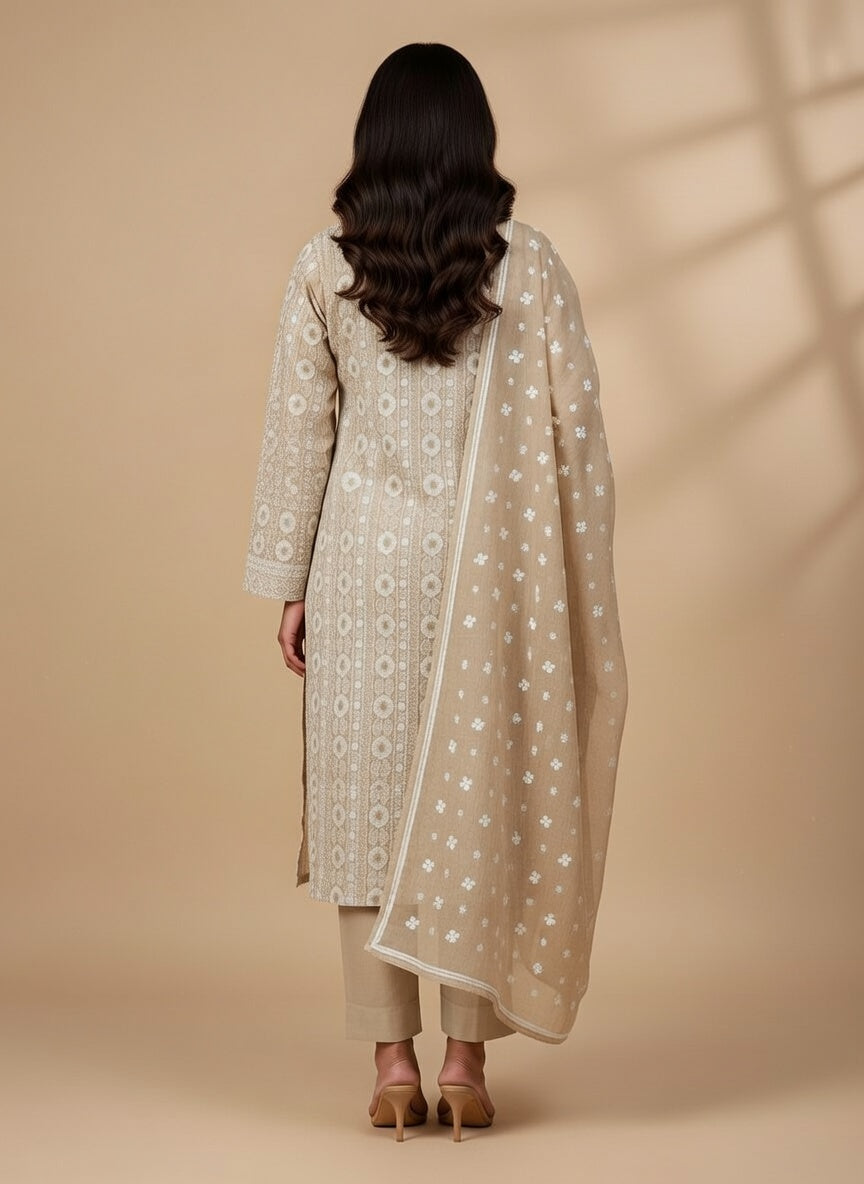 Breeze Lawn China Pure Allover Embroidered 3PC Suit | Camel Beige with White Chickenkari Floral Stripe Embroidery | Scattered Floral Lace Border China Dupatta