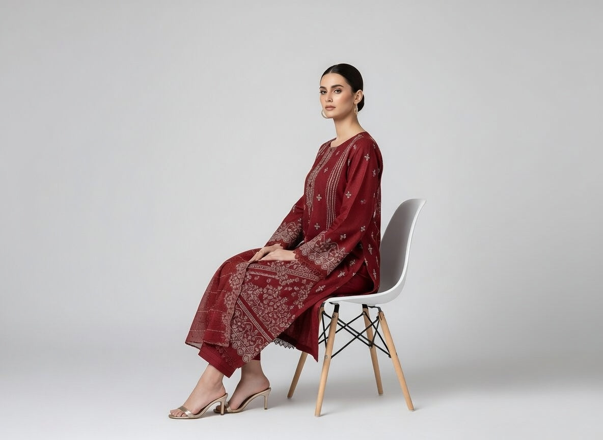 Manizay Premium Embroidered Karandi Suit | Maroon Red with Heavy Embroidered Chiffon Dupatta | اندازِ اندازہ