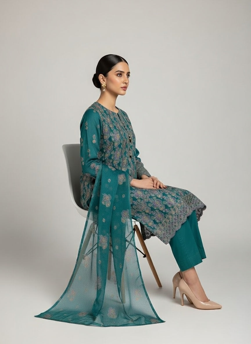 Bareeze Lawn China Pure Allover Embroidered 3PC Suit | Teal Turquoise with Purple Gold Floral Geometric Embroidery | Scattered Floral Chiffon Dupatta