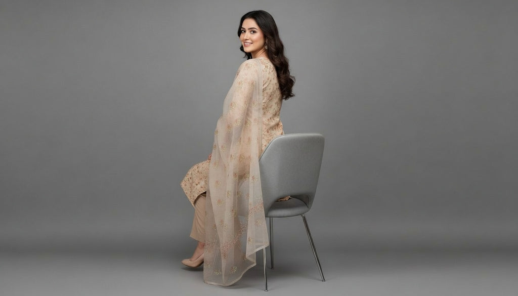 Breeze China Pure Lawn Suit | Light Taupe Beige Allover Multi-Tone Flower Embroidery | Premium Scattered Butterfly Floral China Dupatta 3-Piece Unstitched