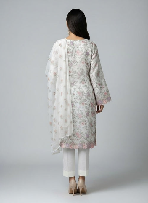 Bareeze Lawn China Pure Allover Embroidered 3PC Suit | Pure White with Pink Purple Peach Green Floral Embroidery | Scattered Multi-Color Rose China Dupatta
