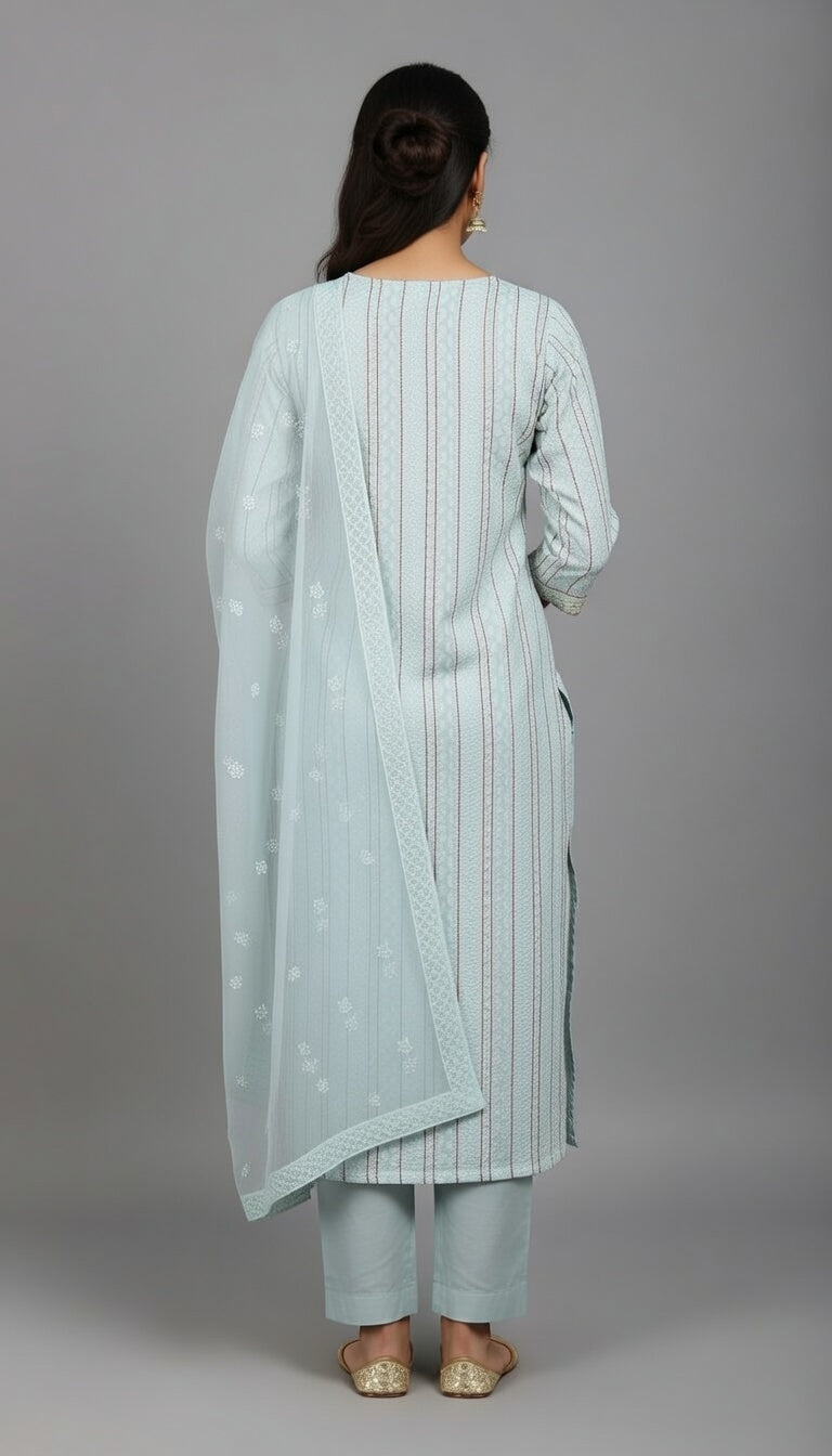 Breeze Lawn China Pure Allover Embroidered 3PC Suit | Light Blue Grey with White Lattice Stripe Embroidery | Scattered Floral & Bordered China Dupatta