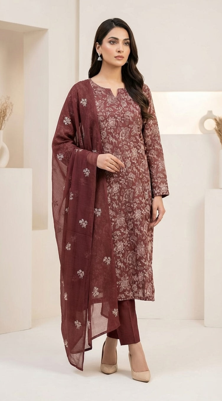 Breeze Lawn China Pure Dupatta Allover Embroidered 3PC Suit | Rich Maroon with White Floral Embroidery | Embroidered China Dupatta 2.5M Each
