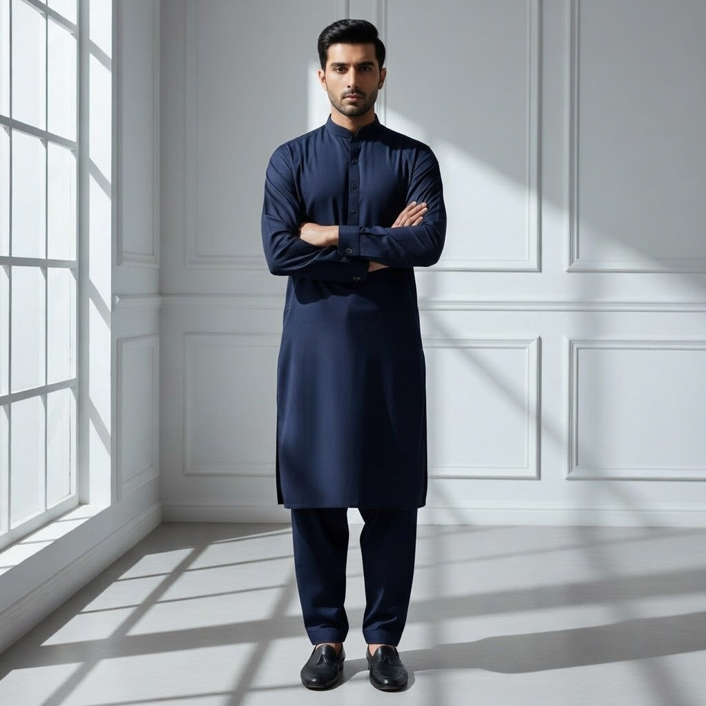 Super Soft Toyobo Gold Wash & Wear Men's Unstitched Suit (4 Meter) - Navy Blue