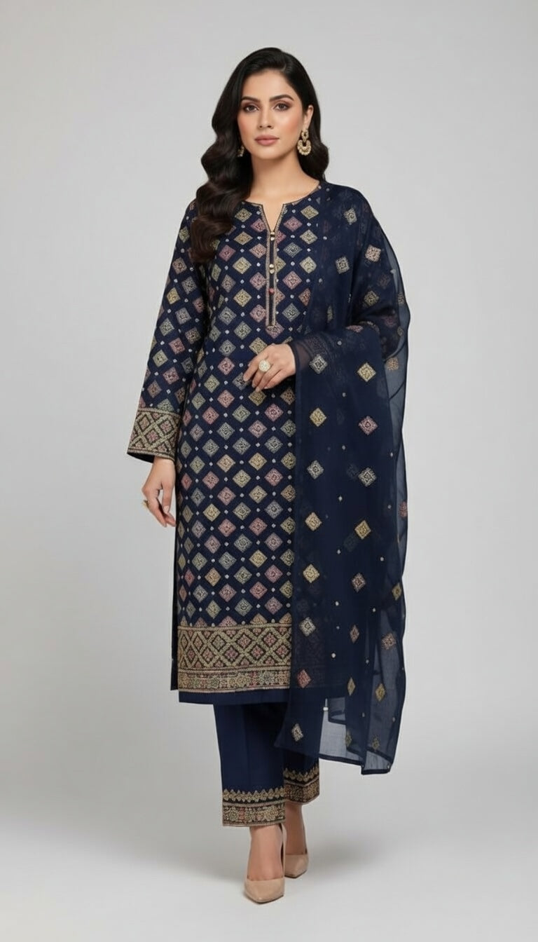 Premium Embroidered Karandi Suit China | Navy Blue Allover 3PC Unstitched | Pure china Chiffon Dupatta