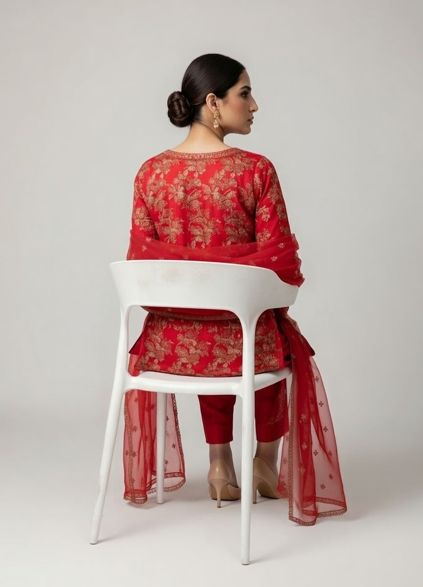 Bareeze Lawn China Pure Allover Embroidered 3PC Suit | Bright Red with Multi-Color Pink Peach Orange Floral Embroidery | Scattered Floral Bouquet China Dupatta