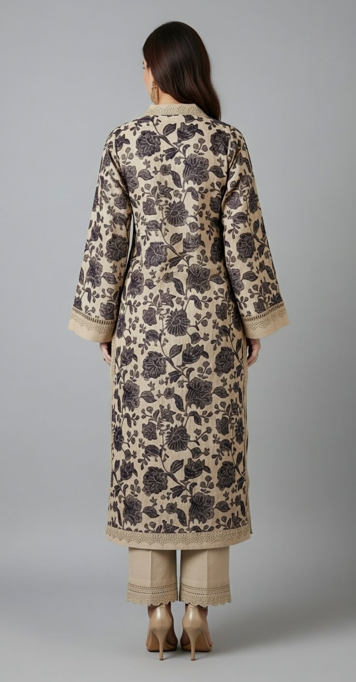 Saleh Fabrics Premium Embroidered Karandi Suit | Beige Black Floral Cutwork 3PC Unstitched