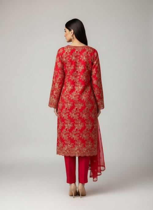 Bareeze Lawn China Pure Allover Embroidered 3PC Suit | Bright Red with Multi-Color Pink Peach Orange Floral Embroidery | Scattered Floral Bouquet China Dupatta