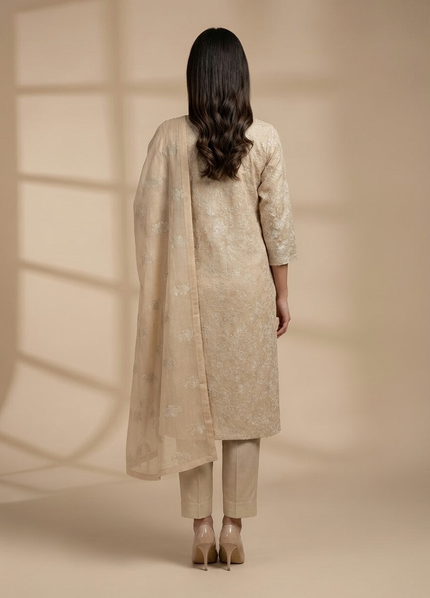 Breeze Lawn China Pure Allover Embroidered 3PC Suit | Cream Beige with White Floral Motif Embroidery | Scattered Large Floral China Dupatta