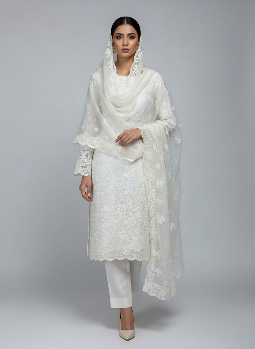 Bareeze Lawn China Pure Allover Embroidered 3PC Suit | Light Grey with White Gold Floral Embroidery | Scattered Large Floral China Dupatta