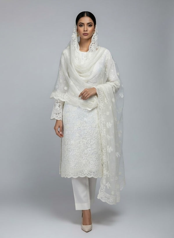 Bareeze Lawn China Pure Allover Embroidered 3PC Suit | Light Grey with White Gold Floral Embroidery | Scattered Large Floral China Dupatta