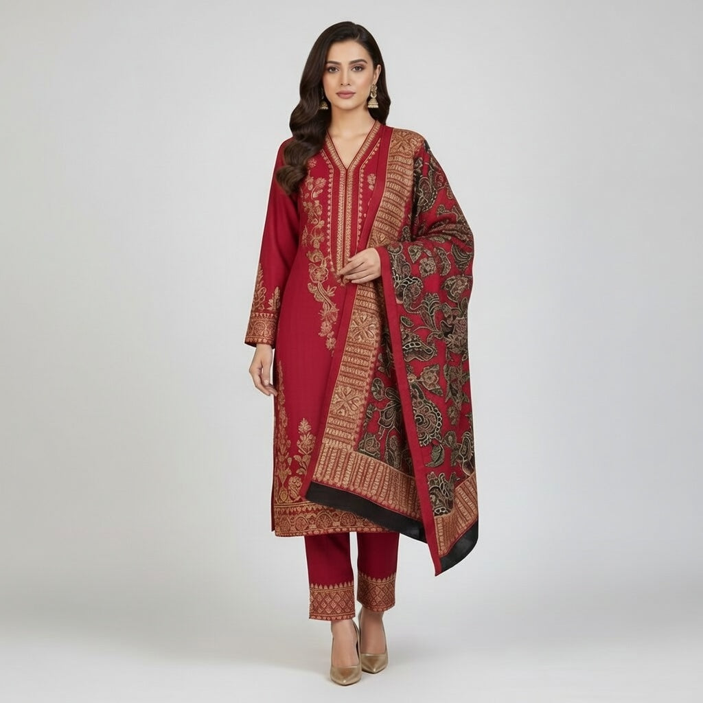 Premium Embroidered Karandi Suit | Rich Red Maroon Floral Cutwork 3PC Unstitched