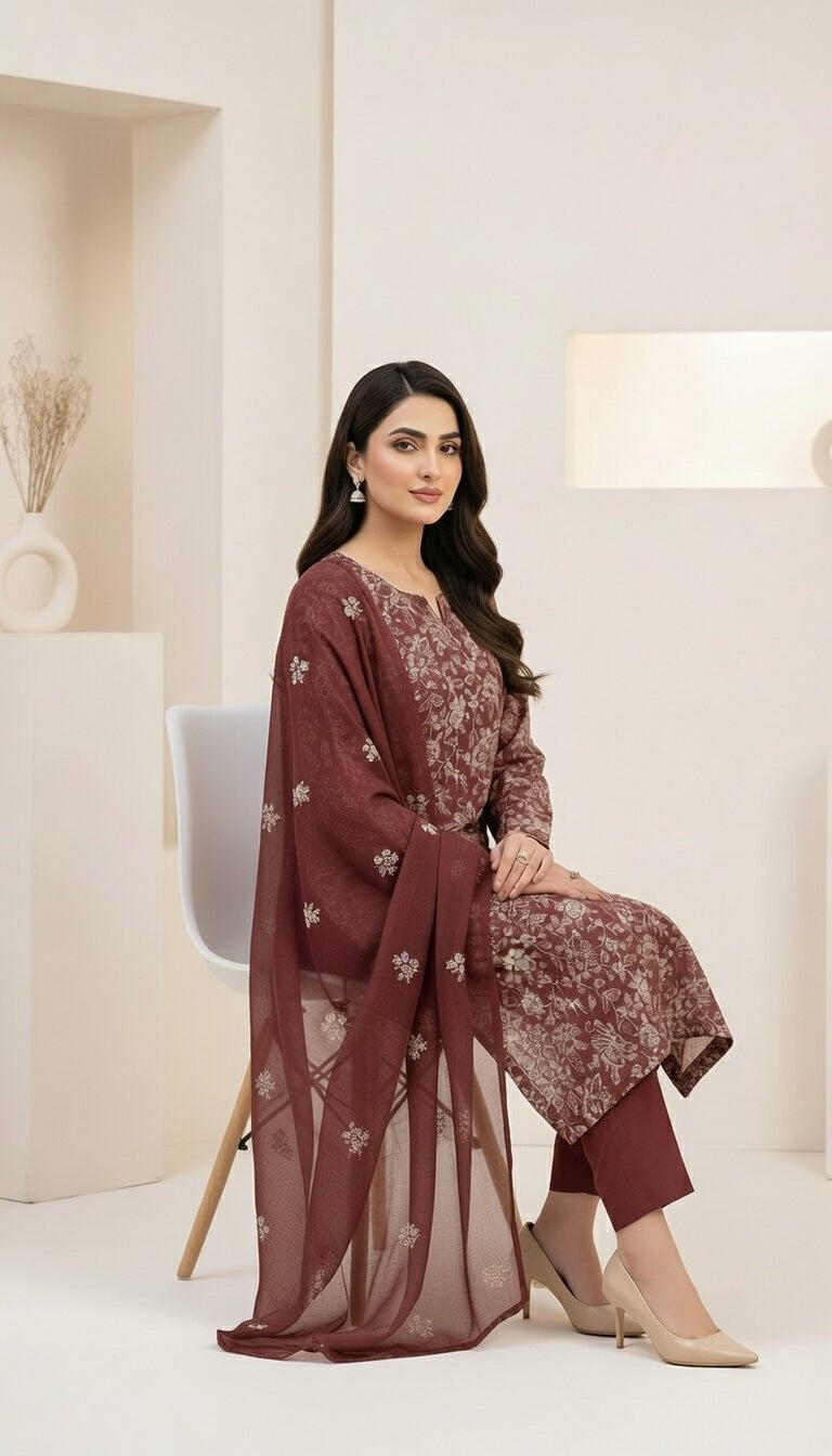 Breeze Lawn China Pure Dupatta Allover Embroidered 3PC Suit | Rich Maroon with White Floral Embroidery | Embroidered China Dupatta 2.5M Each
