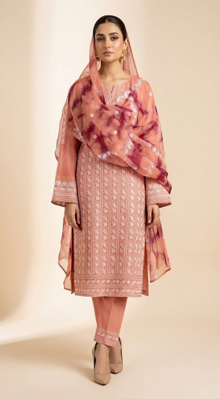 Breeze Lawn China Dai Pure Dupatta Allover Embroidered 3PC Suit | Peach Pink with White Paisley Embroidery & Tie-Dye Dupatta | 2.5M Each