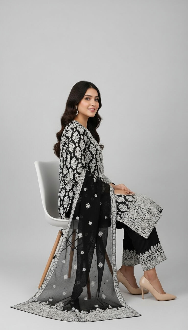Breeze Lawn China Pure Allover Embroidered Black 3PC Suit | White Damask Paisley Embroidery with Heavy Border | Plain China Dupatta