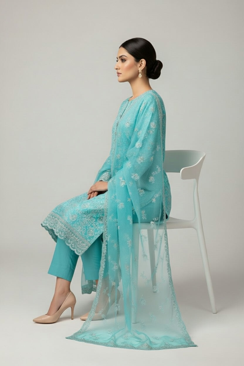 Bareeze Lawn China Pure Allover Embroidered 3PC Suit | Light Turquoise Aqua with White Silver Floral Paisley Embroidery | China Dupatta